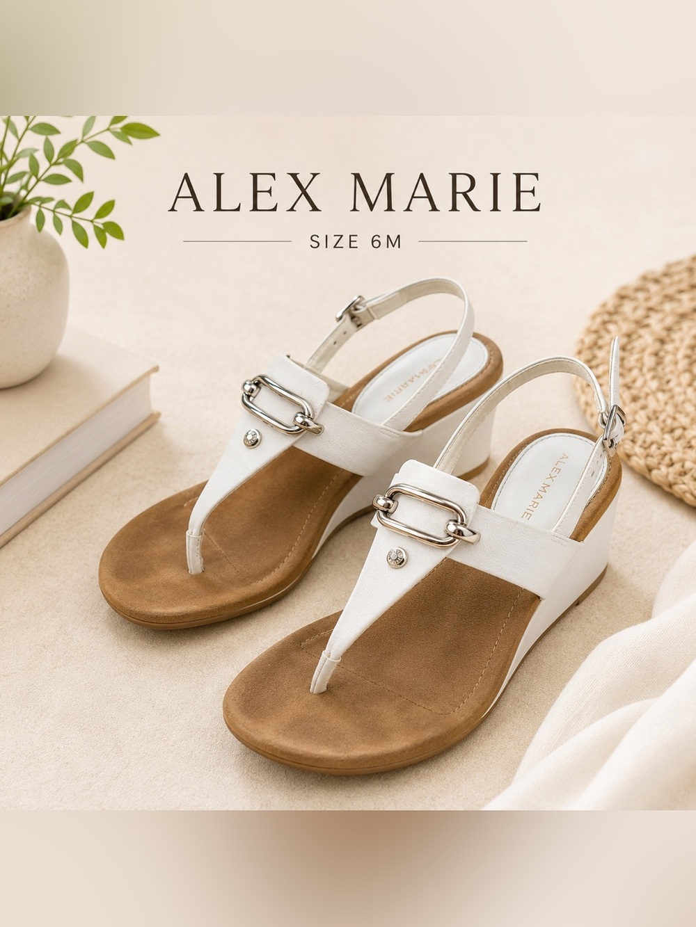 Alex Marie White Leather Wedge Thong Sandals Size 6M Comfort Summer